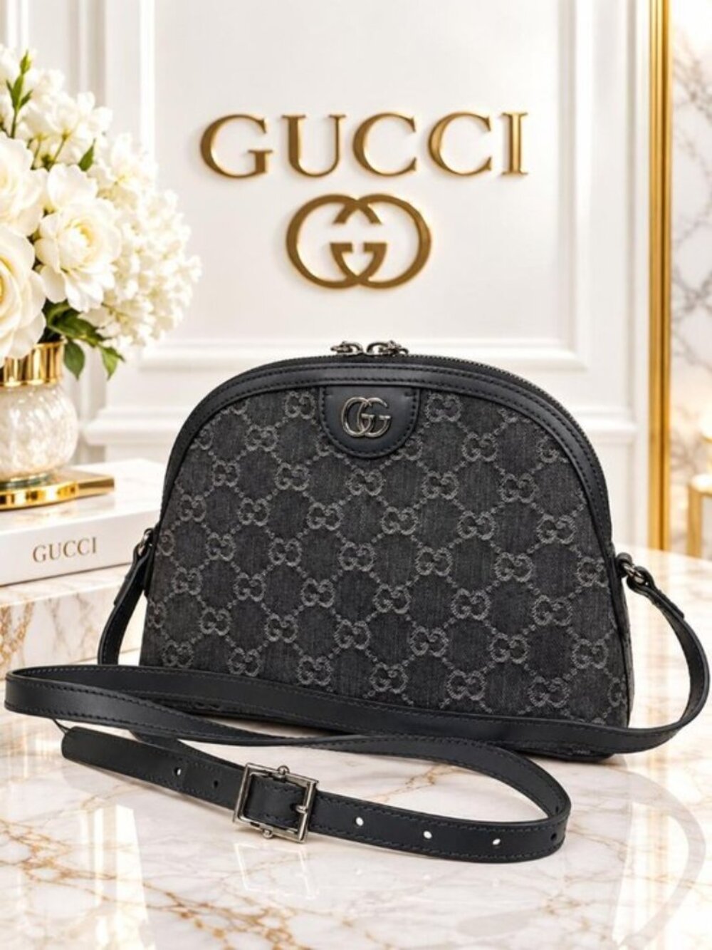 Authentic Gucci Ophidia GG Denim Black Dome Crossbody Bag Leather Trim